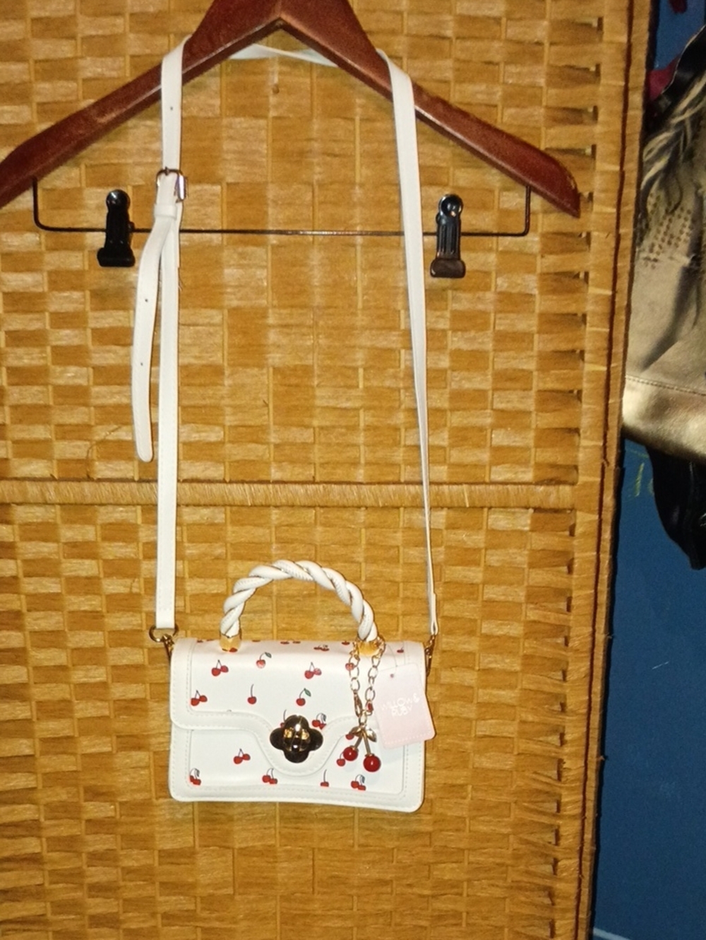 White Cherry-Print Crossbody Bag with Twisted Top Handle